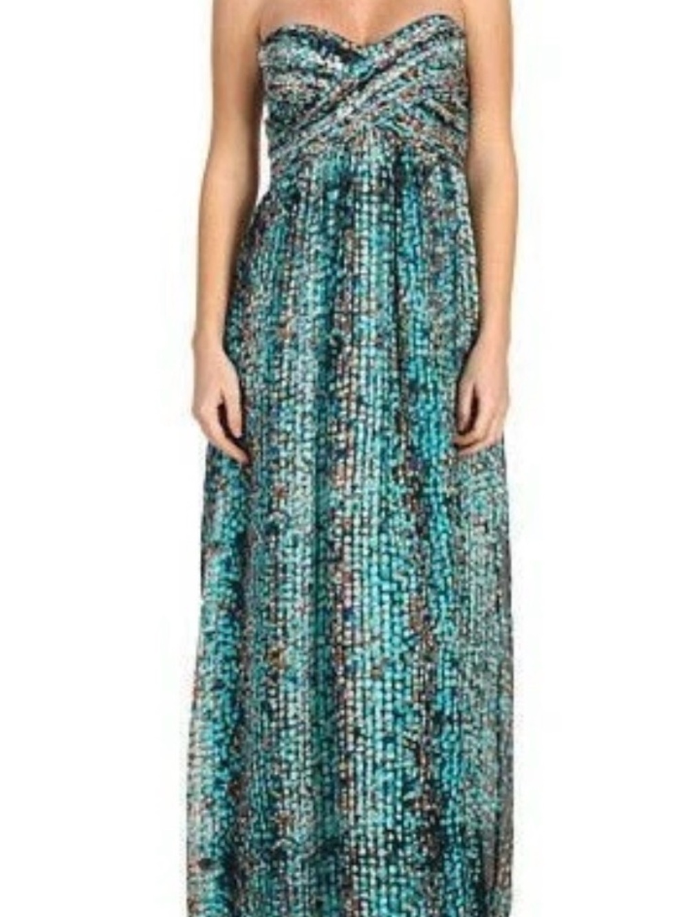 Laundry By Shelli Segal Teal and White Patterned Strapless Silk Maxi Dress